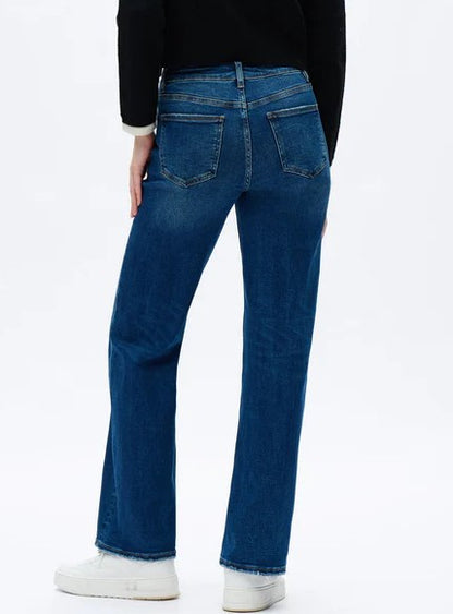 DARK BLUE DISTRESSED ALSA MID RISE WIDE LEG JEANS