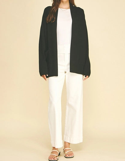 BLACK OPEN FRONT KNIT CARDIGAN SWEATER