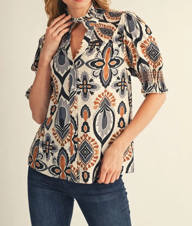 BLACK/GREY/RUST MULTI BOHO GEOMETRIC MEDALLION PRINT SHORT PUFF SLEEVE BUTTON UP TOP