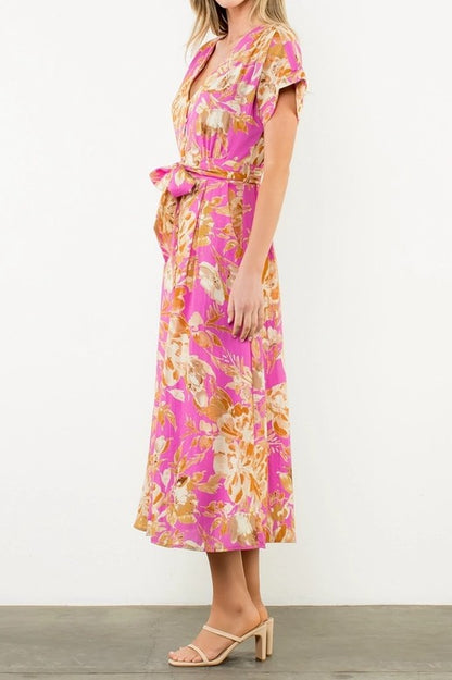 PINK FLORAL PRINT BUTTON UP SHORT SLEEVE MAXI DRESS
