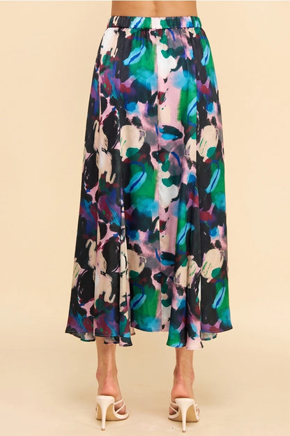 MUTLI COLOR ABSTRACT PRINT ELASTIC WAIST FLOWY MIDI SKIRT