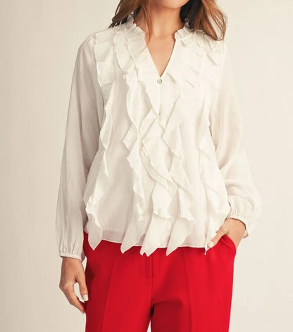 WHITE DRAPED RUFFLE VNECK LONG SLEEVE TOP