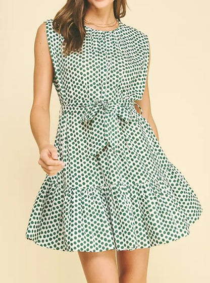 KELLY GREEN &amp; WHITE POLKA DOT TIERED MINI DRESS