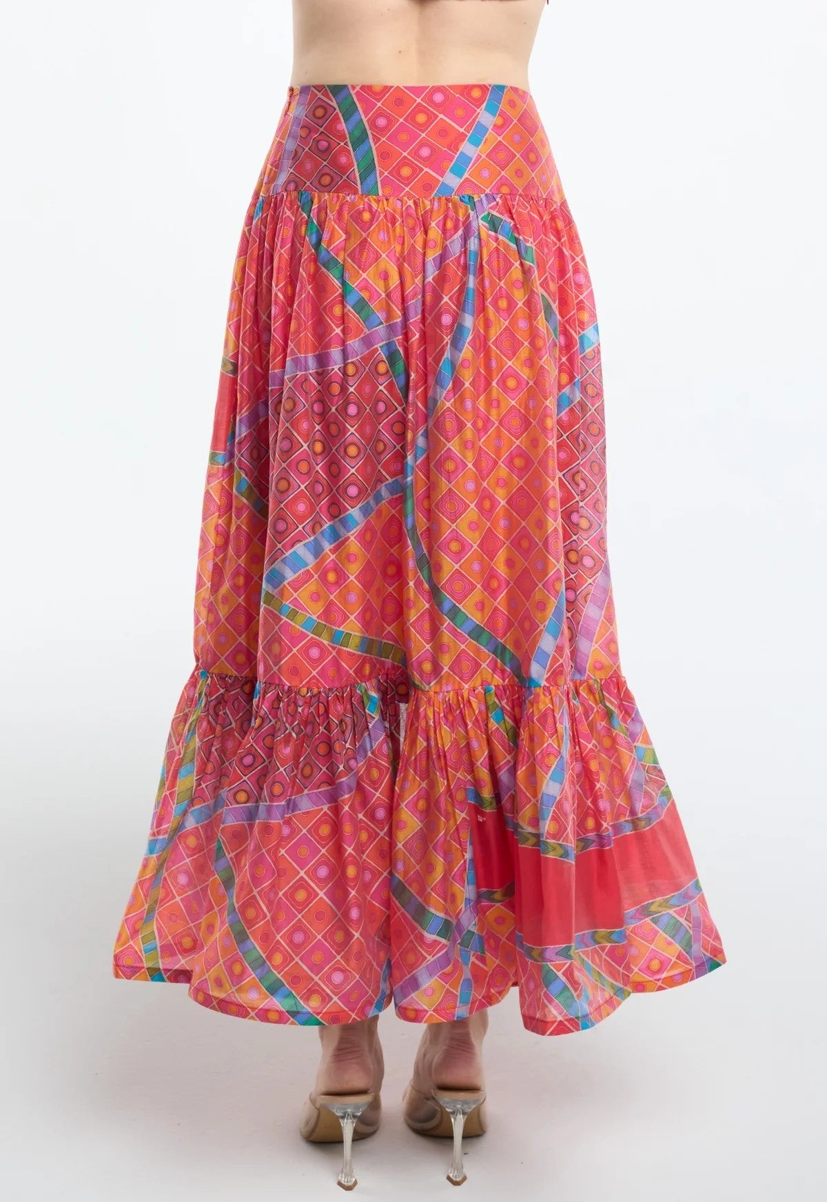 RED MULTI GEO PRINT HIGH-LOW MAXI AVA SKIRT