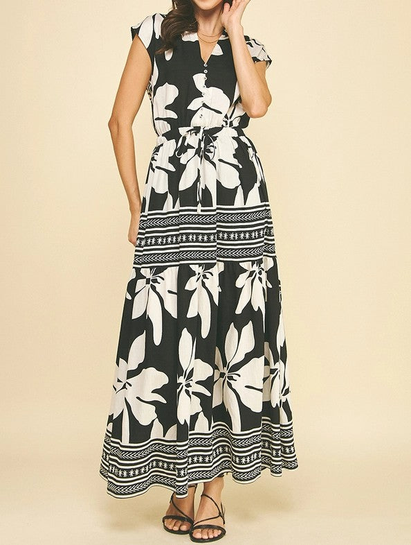 BLACK CONTRAST FLORAL PRINT SLEEVELESS TIERED MAXI DRESS