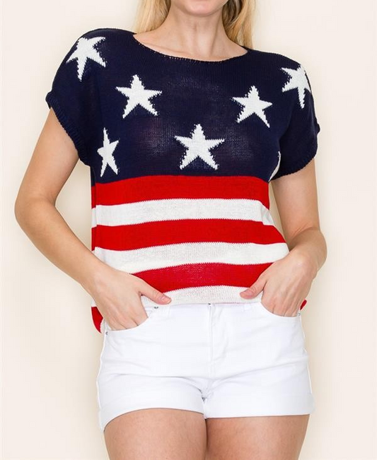 NAVY RED AMERICAN FLAG WIDE NECK SHORT SLEEVE SWEATER