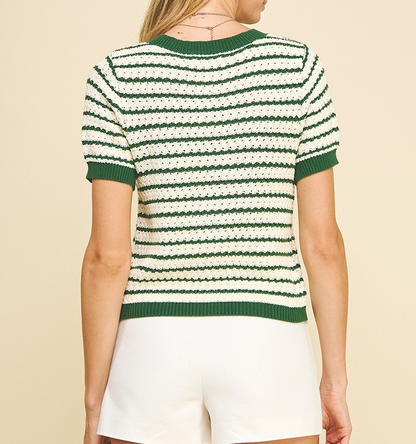 GREEN/OFF WHITE STRIPE BUTTON DOWN SWEATER