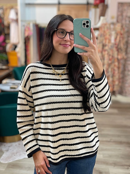 IVORY/BLACK POINTELLE STRIPED KNIT LONG SLEEVE SWEATER TOP