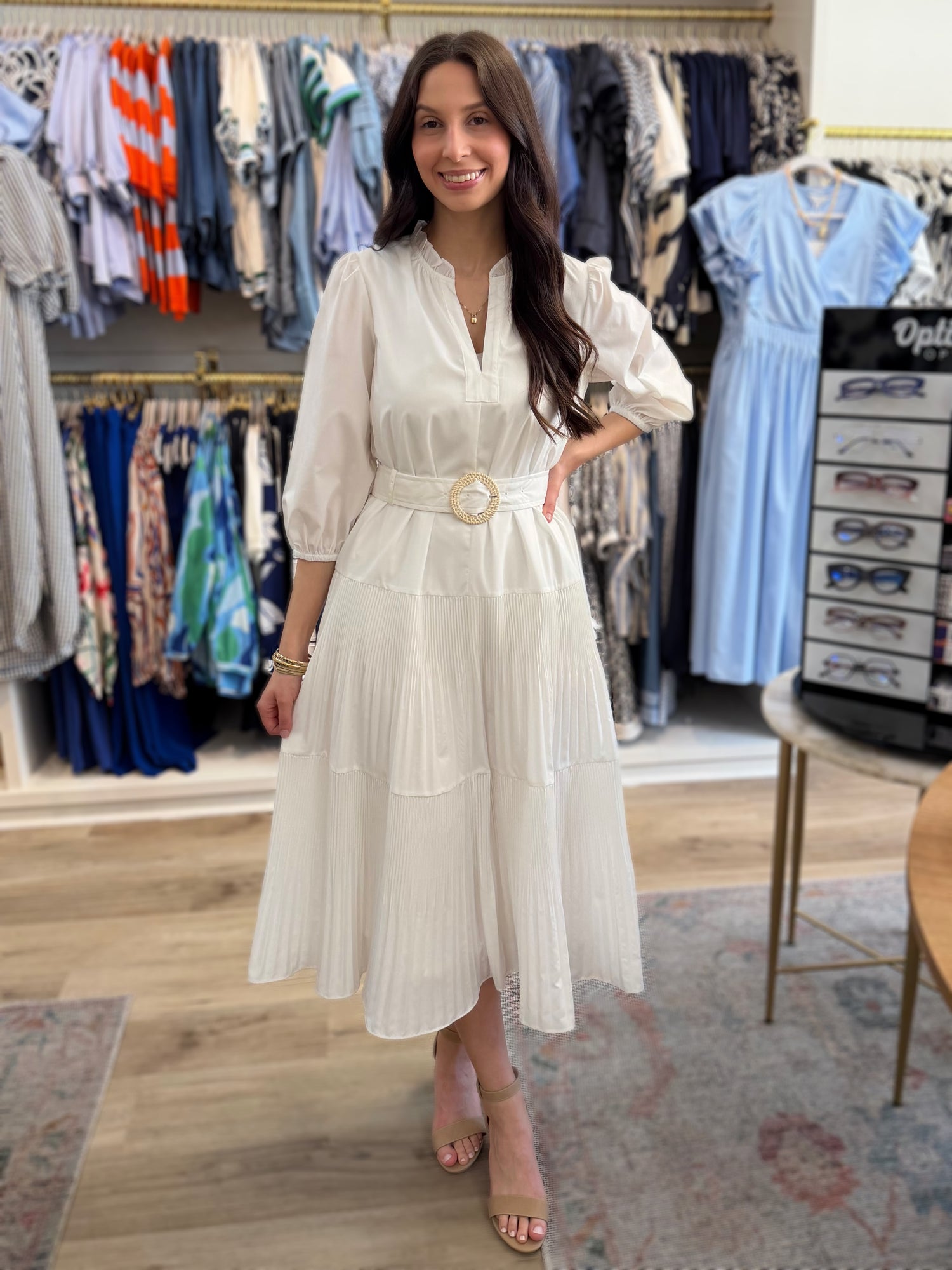 WHITE COTTON POPLIN TIERED PLEATED MIDI DRESS