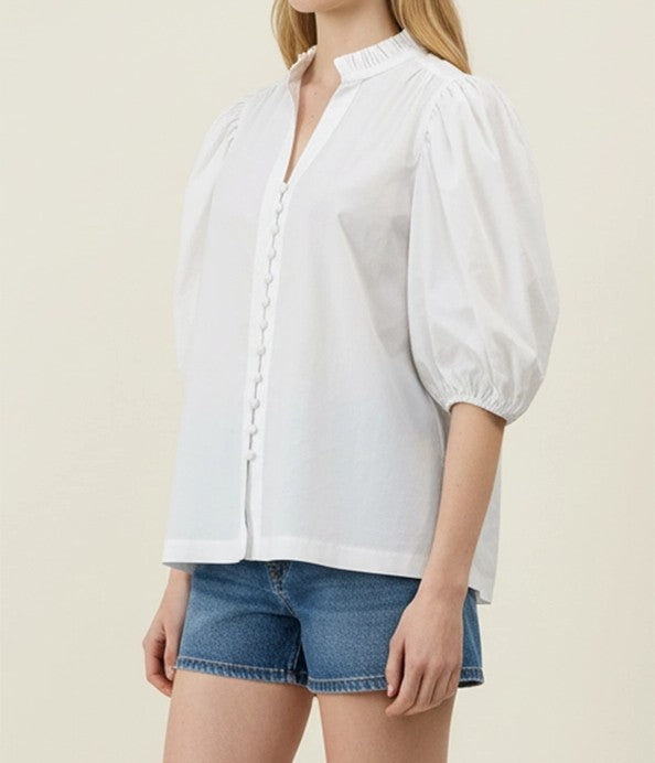 OFF WHITE RUFFLED COLLAR PUFF SLEEVE BUTTON UP TOP