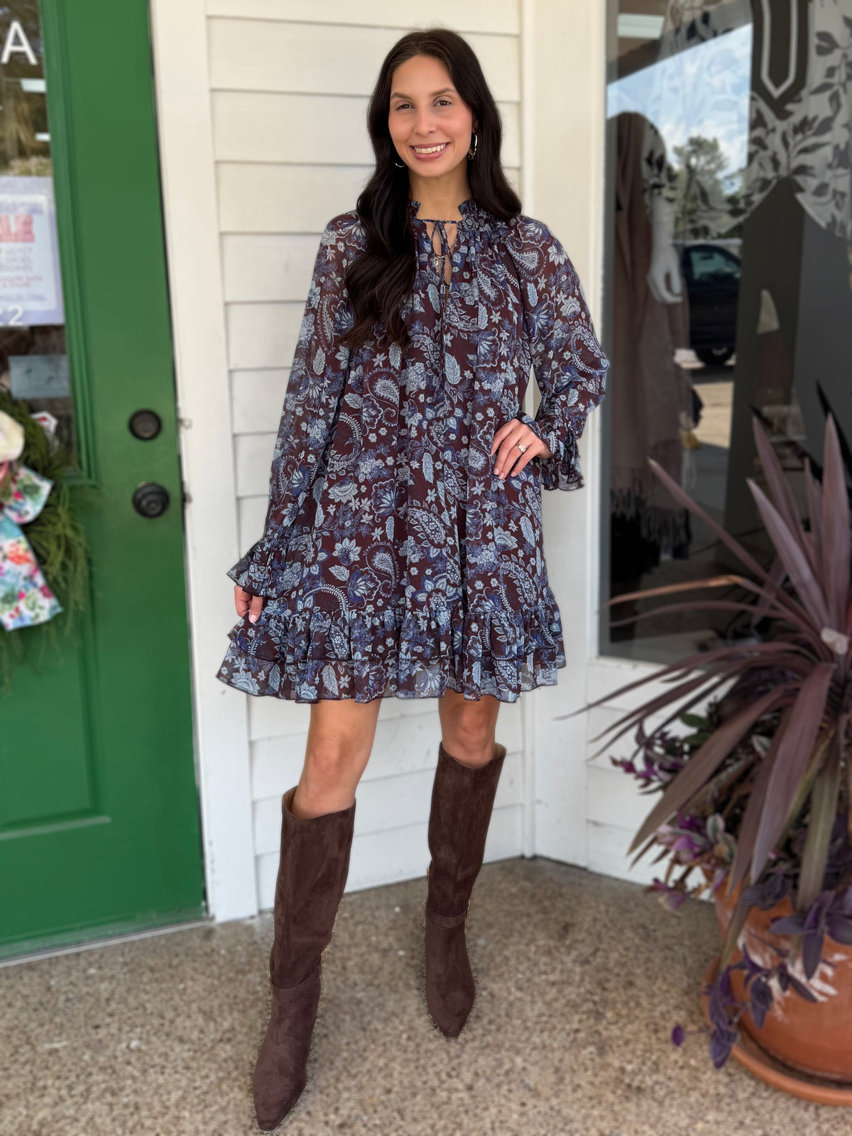WINE/BLUE FLORAL PRINT LONG SLEEVE RUFFLE TIERED MINI DRESS