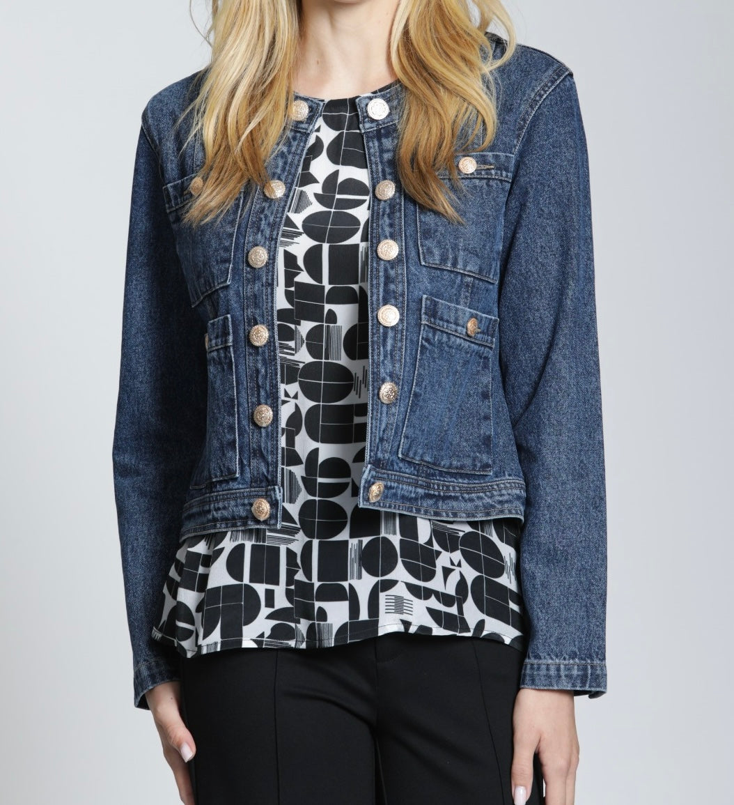 MEDIUM INDIGO COLLARLESS LONG SLEEVE DENIM JACKET
