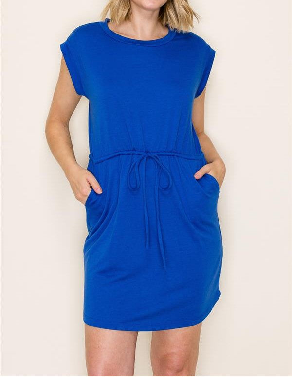 ROYAL BLUE DRAWSTRING WAIST TERRY MINI DRESS