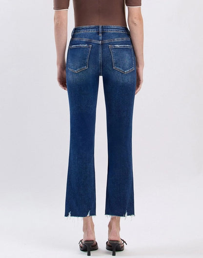 PORTABLE MEDIUM DARK WASH MID RISE CROP MINI BOOTCUT JEANS
