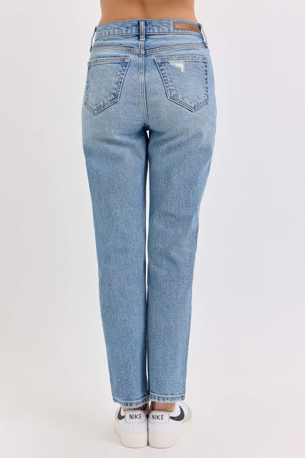 MEDIUM DENIM HIGH RISE STRAIGHT LEG JEAN