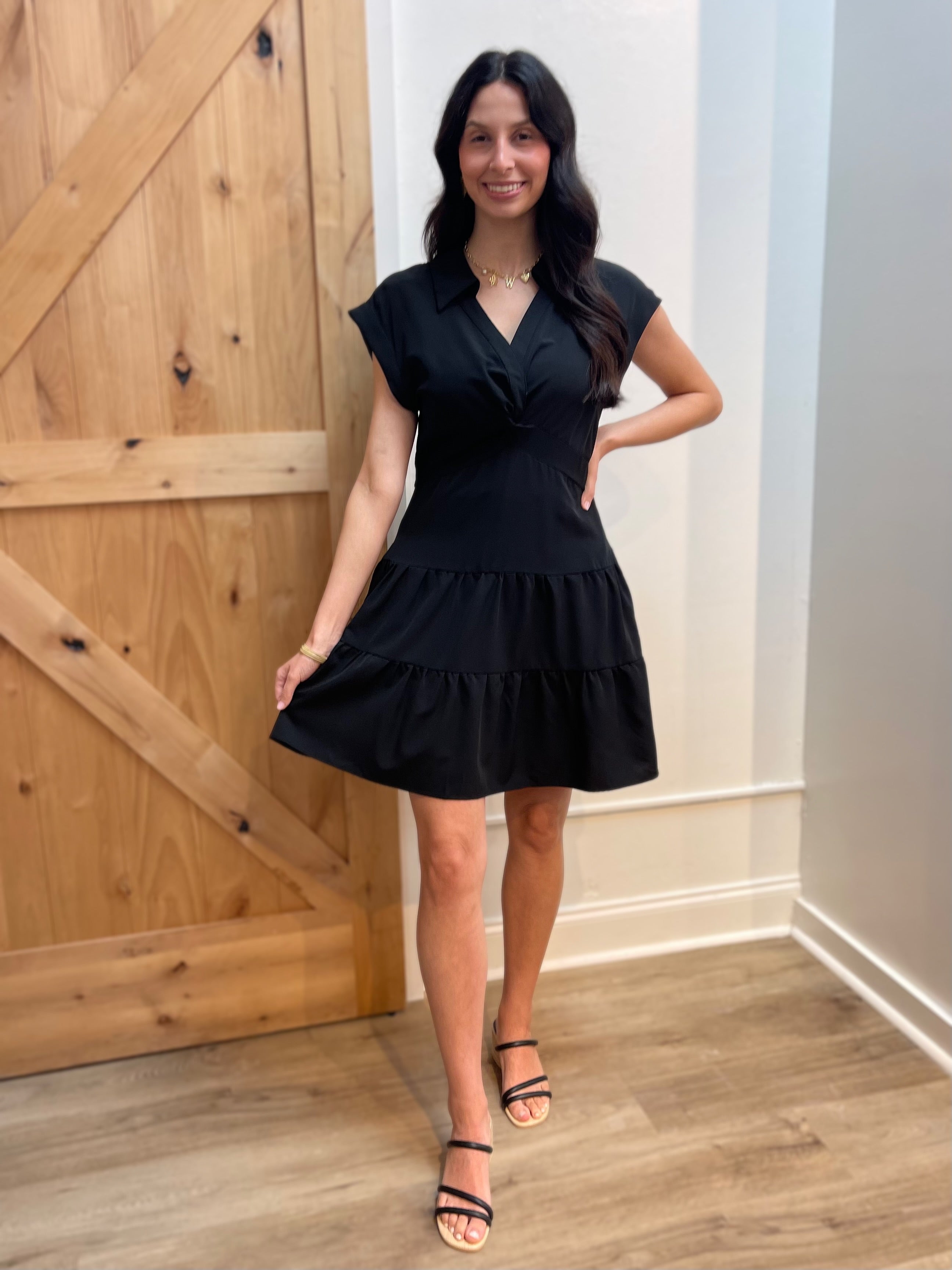 BLACK TIERED FRONT TWIST DETAIL MINI DRESS