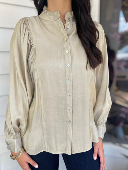 REFLECTIVE CHAMPAGNE BUTTON UP LONG BATWING SLEEVE TOP
