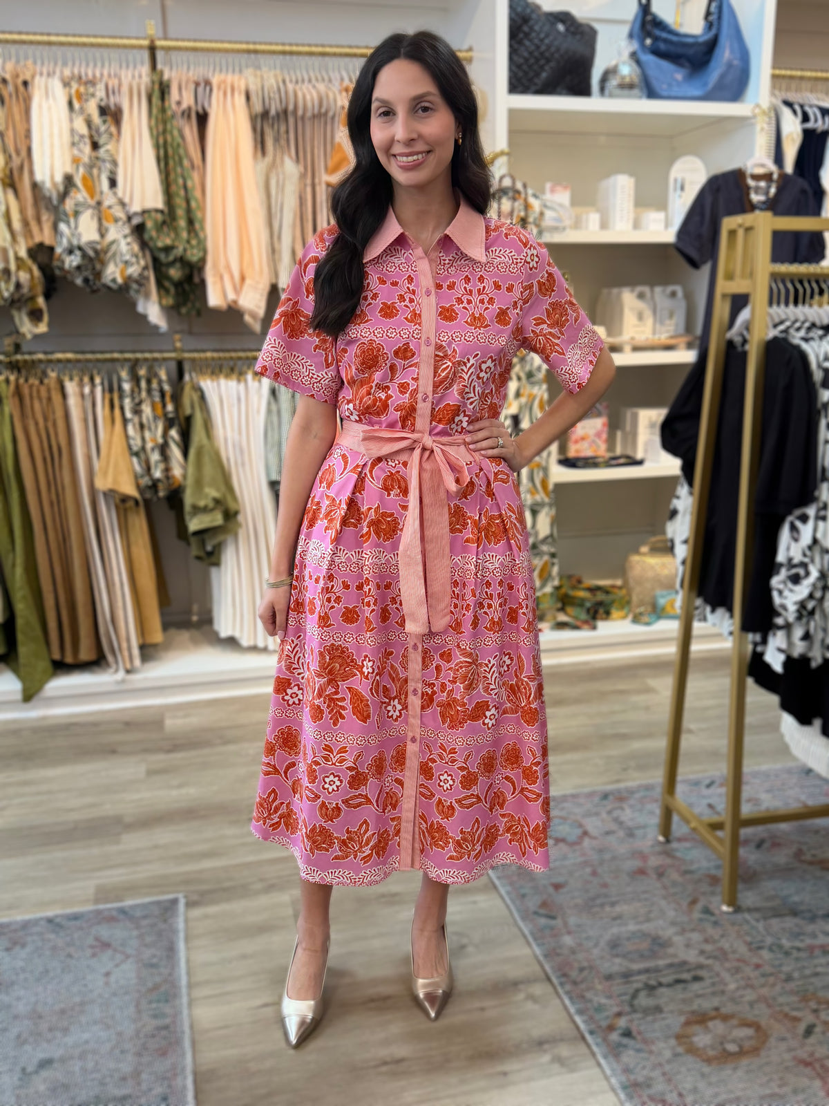 PINK/ORANGE BOTANICAL PRINT W/ STRIPE CONTRAST SHORT SLEEVE BUTTON UP SHIRT MIDI DRESS