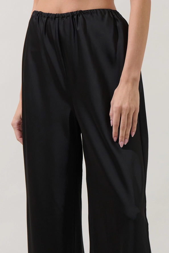 BLACK SATIN ELASTIC WAIST WIDE LEG PANT