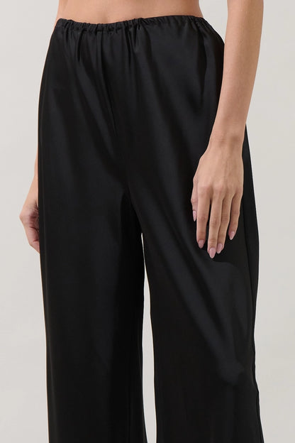 BLACK SATIN ELASTIC WAIST WIDE LEG PANT