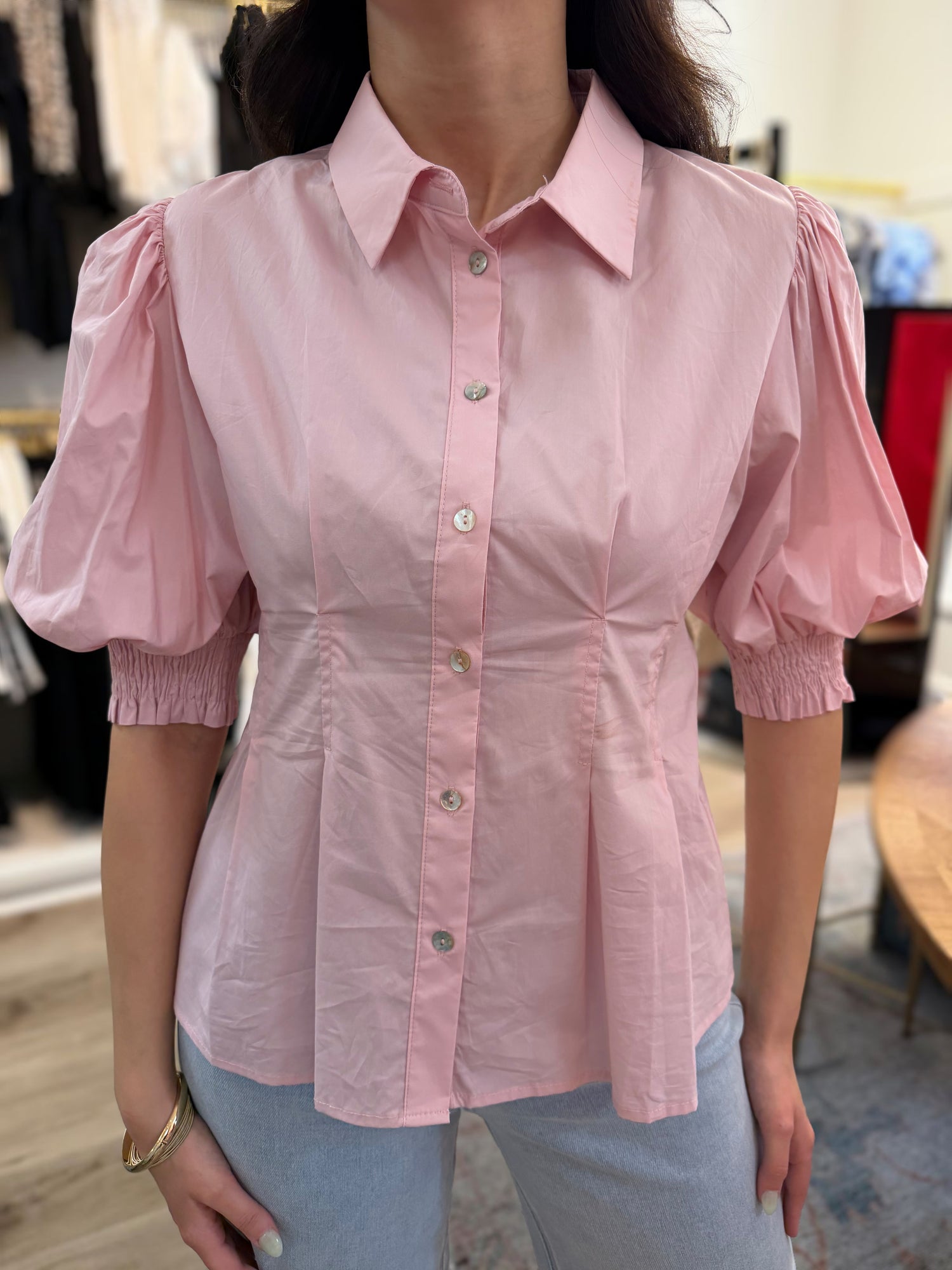 BABY PINK TUCKED WAIST BALLOON SLEEVE BUTTON UP TOP