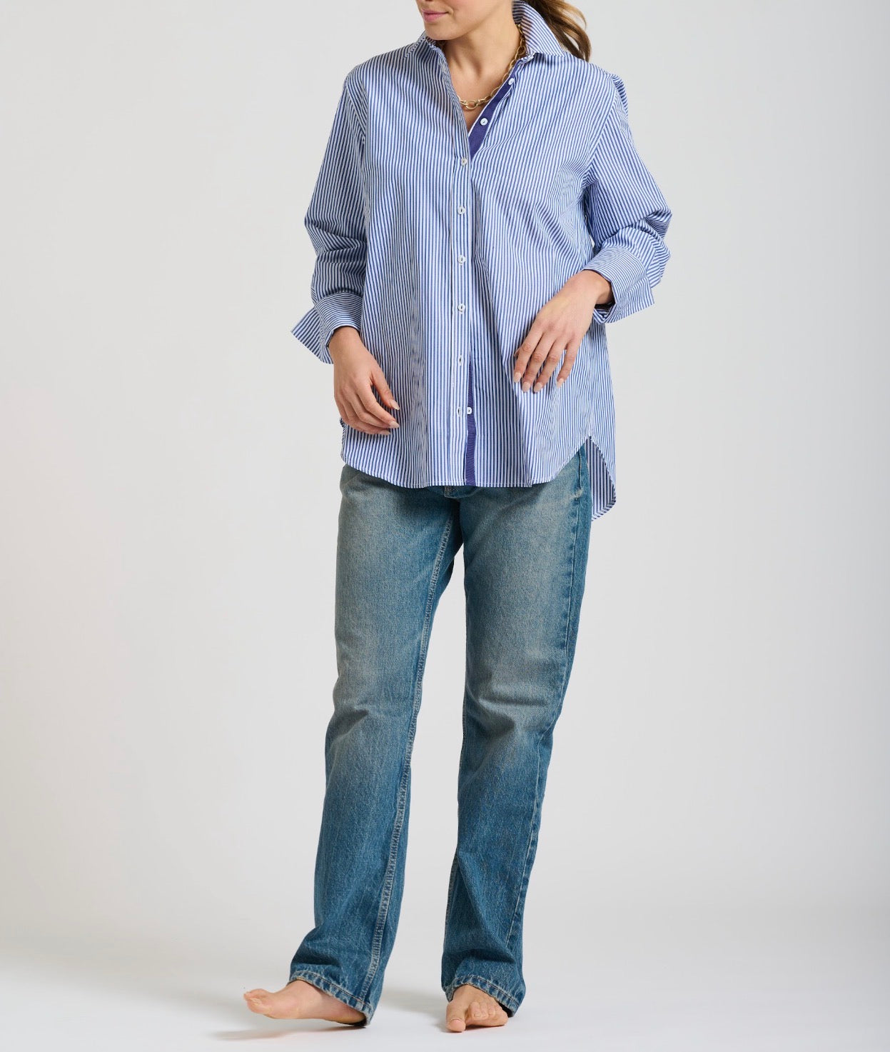 NAVY STRIPE ELODIE TRIM LONG SLEEVE BUTTON UP GIRLFRIEND RELAXED TOP