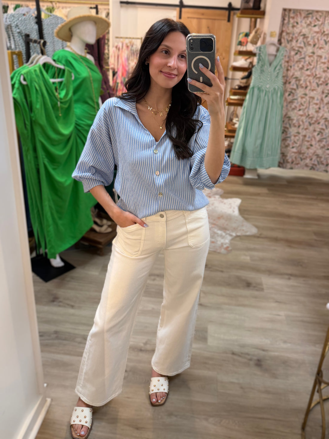 BLUE/WHITE STRIPE BLOUSON SLEEVE TOP