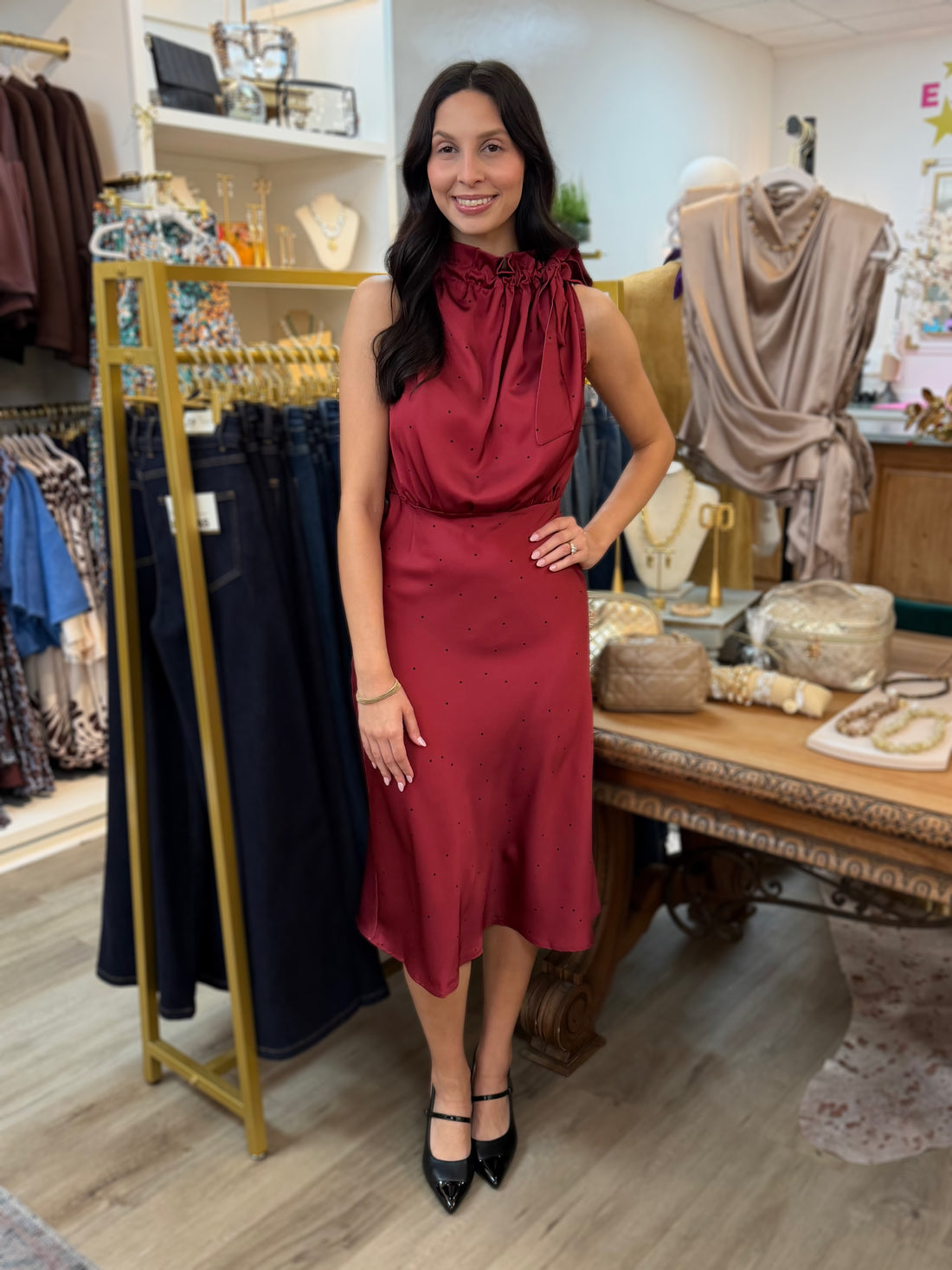 BURGUNDY/BLACK POLKA DOT RUFFLE TIE NECK SLEEVELESS MIDI DRESS