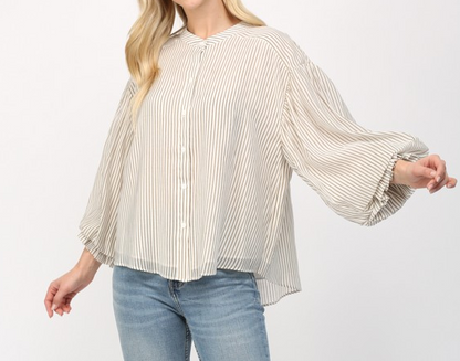 TAUPE STRIPE TENCEL BLEND BUBBLE SLEEVE BLOUSE