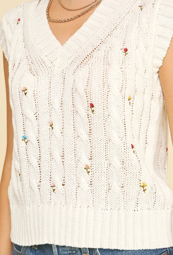 OFF WHITE FLORAL EMBROIDERED CABLE KNIT SLEEVELESS SWEATER