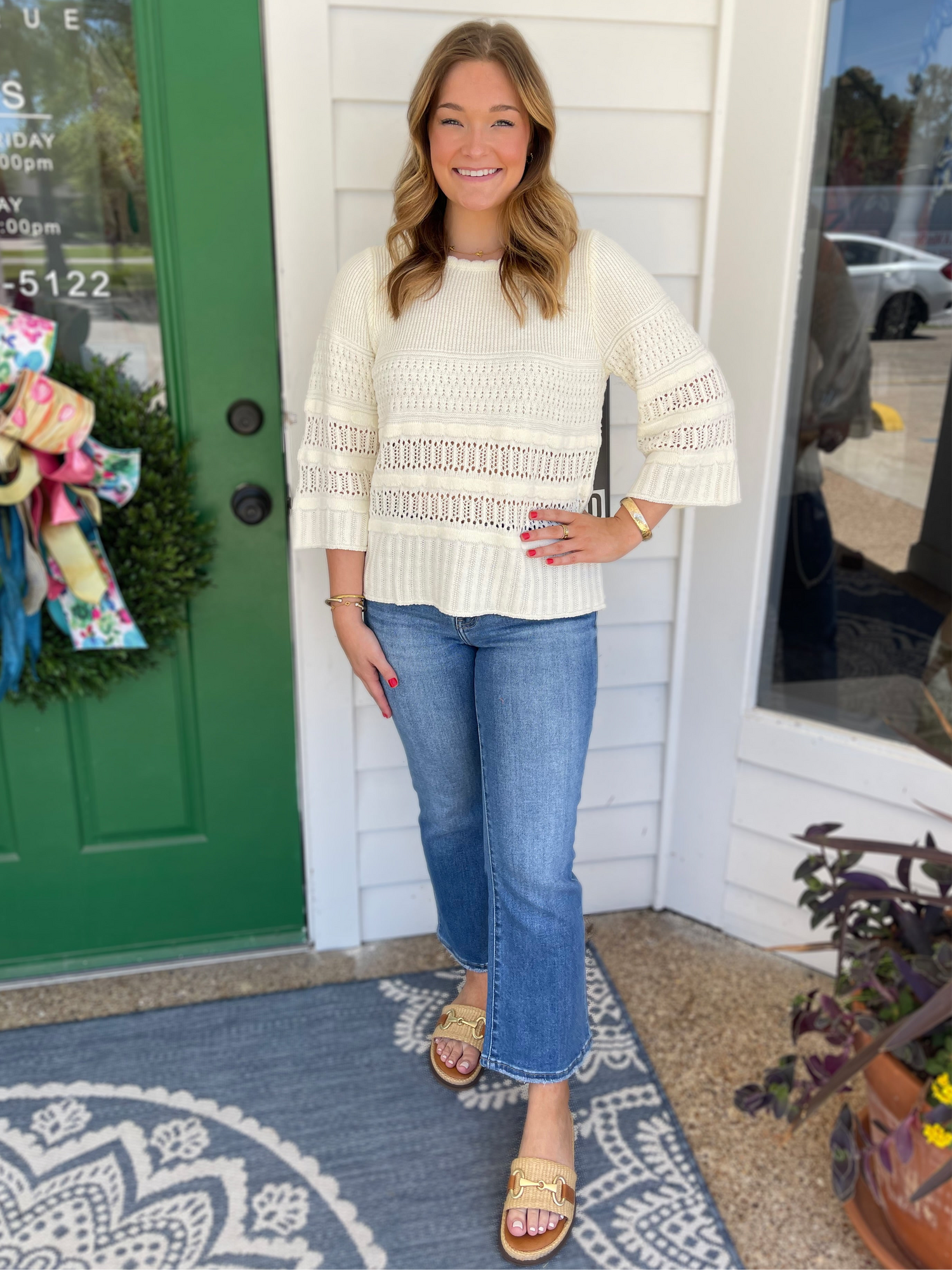 CREAM 3/4 SLEEVE CROCHET KNIT SWEATER TOP