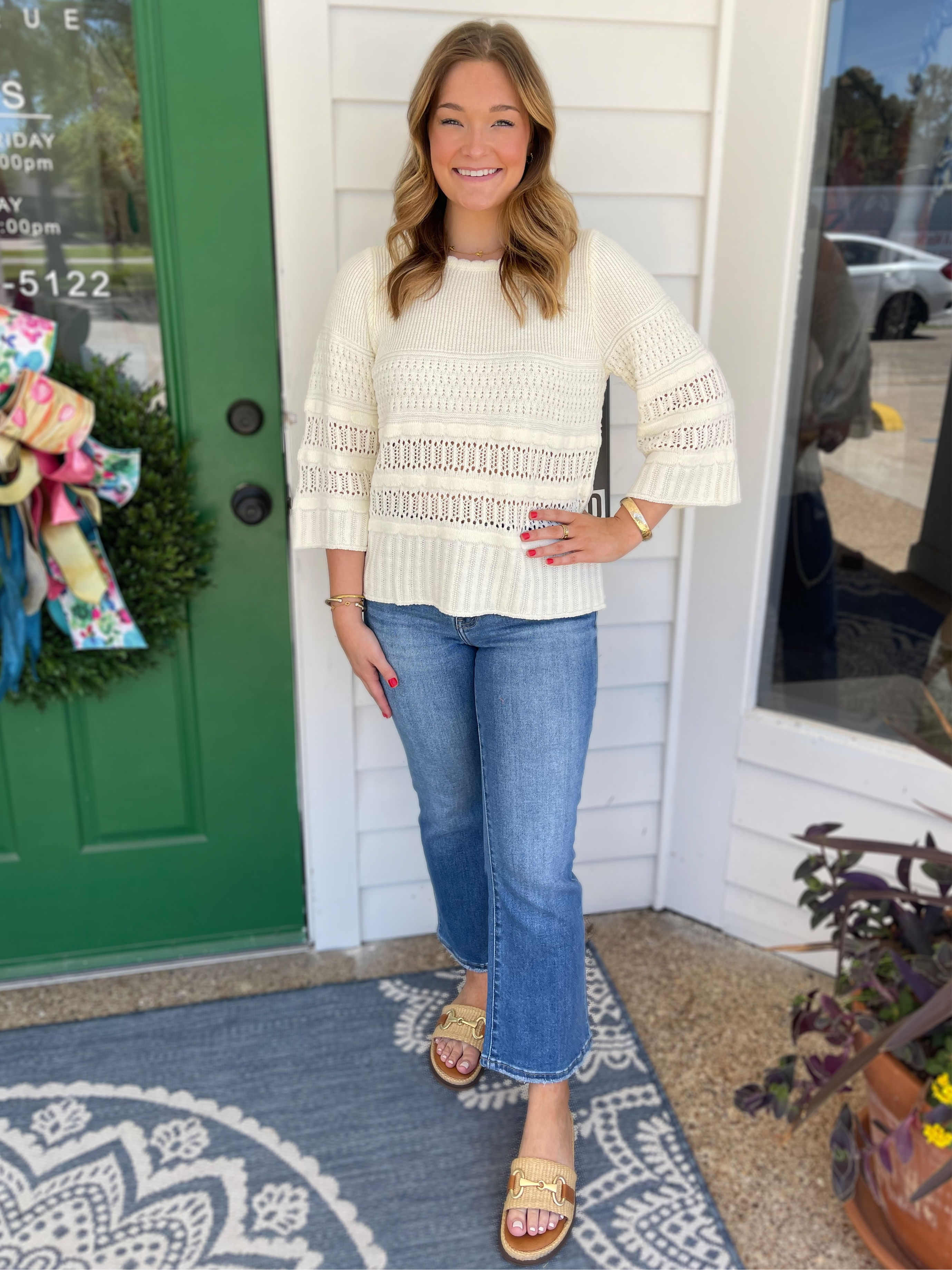 CREAM 3/4 SLEEVE CROCHET KNIT SWEATER TOP