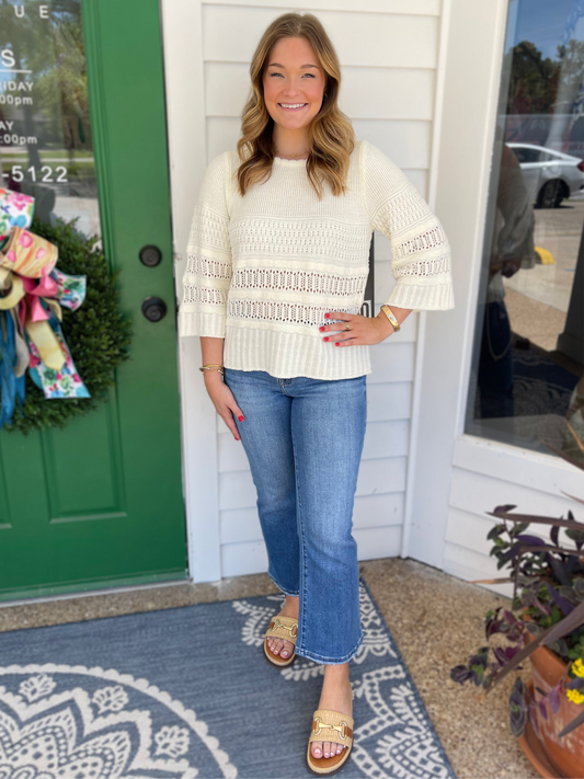 CREAM 3/4 SLEEVE CROCHET KNIT SWEATER TOP