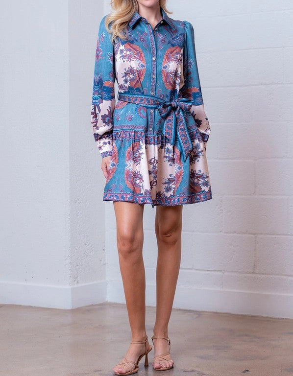 BLUE/CREAM MULTI FLORAL PLACEMENT PRINT BUTTON UP LONG SLEEVE SATIN MINI DRESS