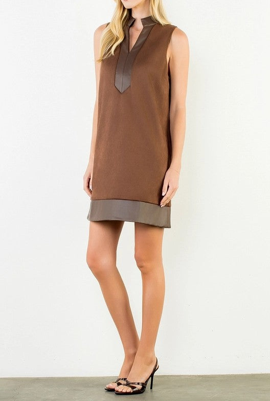 BROWN SUEDE &amp; LEATHER TRIM SLEEVELESS MINI DRESS