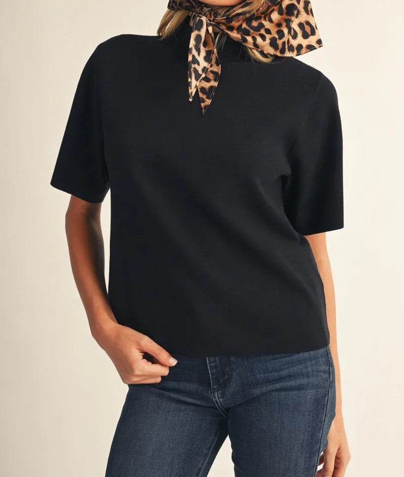 BLACK MOCK NECK SHORT SLEEVE KNIT TOP