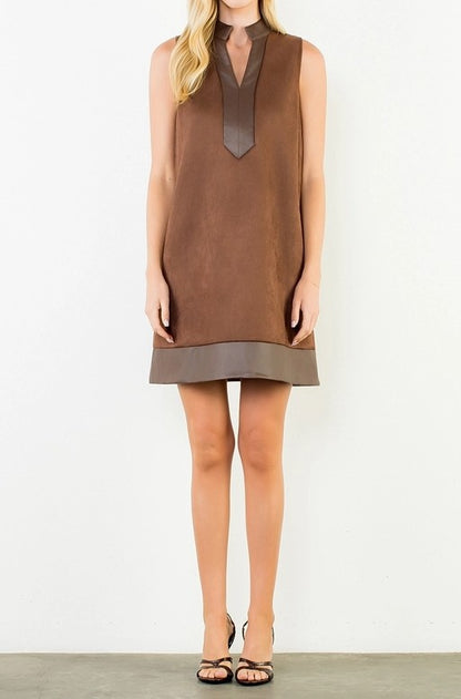 BROWN SUEDE &amp; LEATHER TRIM SLEEVELESS MINI DRESS