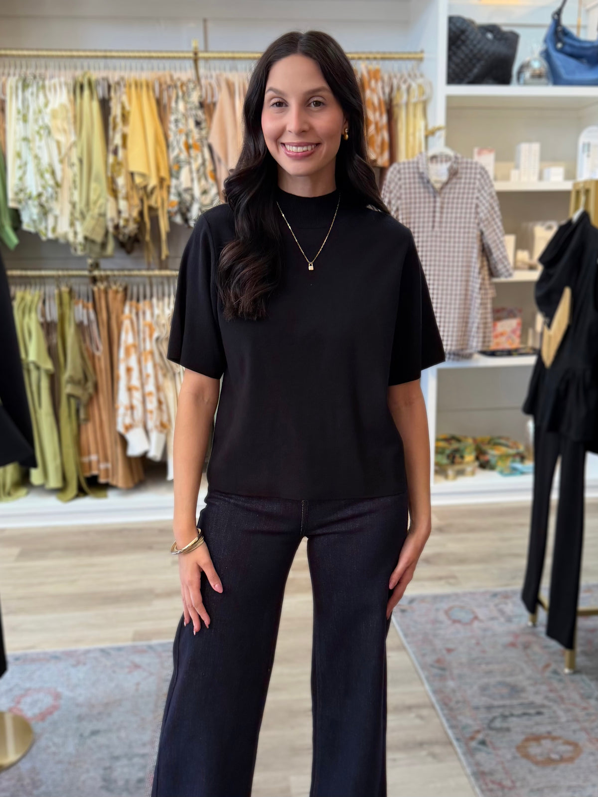 BLACK MOCK NECK SHORT SLEEVE KNIT TOP