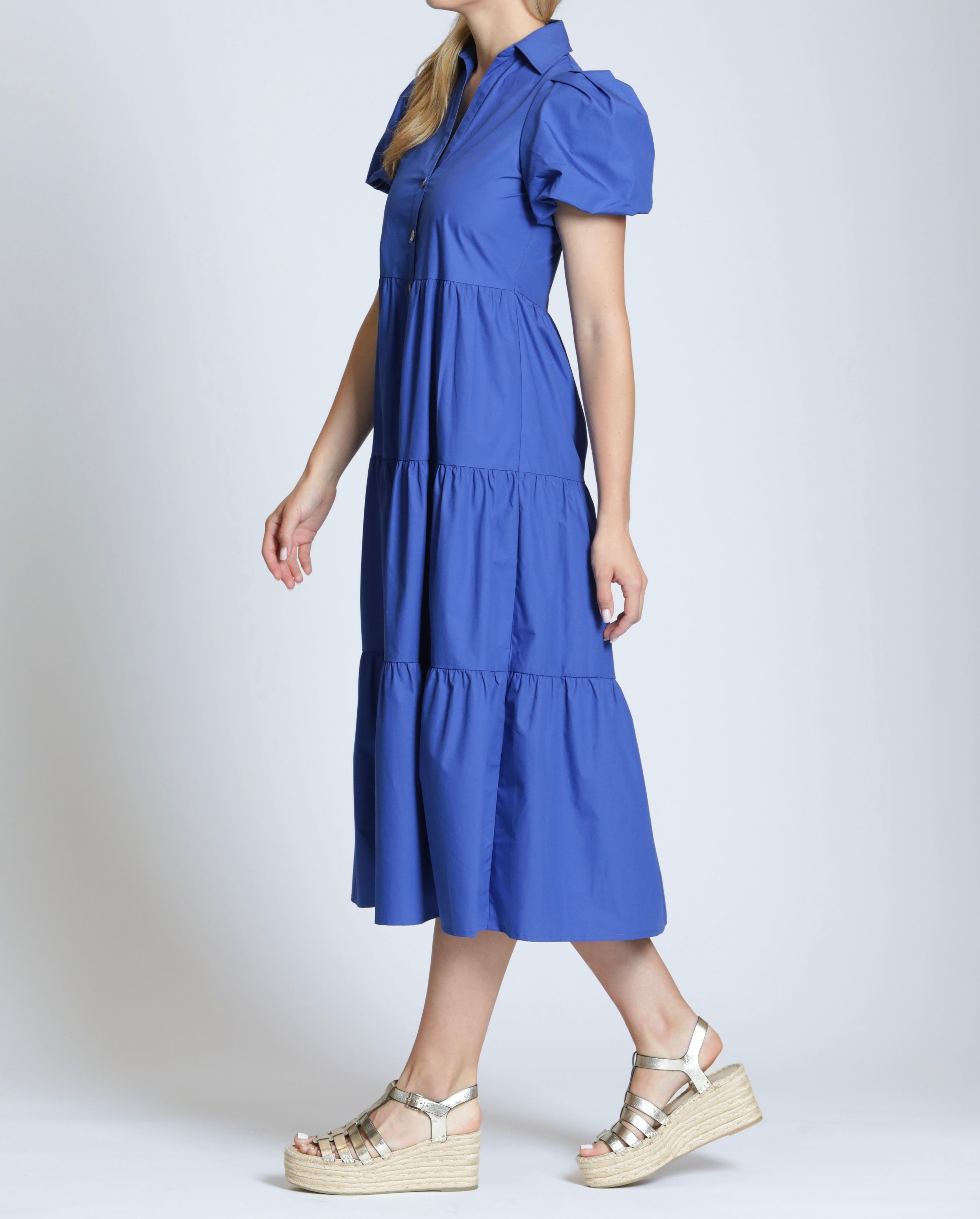 DAZZLING BLUE SHORT PUFF SLEEVE TIERED MAXI DRESS