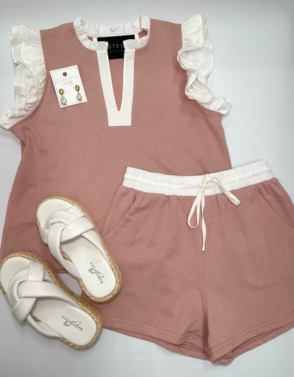 LIGHT PNK RUFFLE SLEEVE KNIT SHORT SET