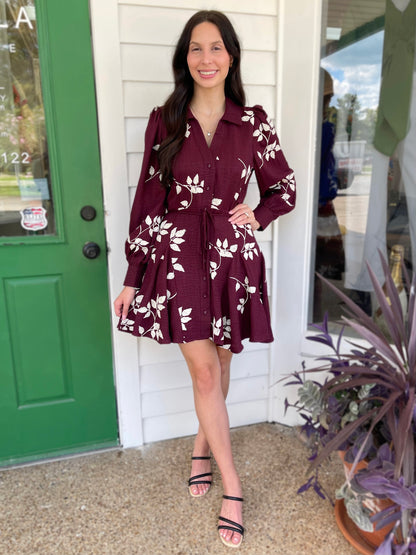 BURGUNDY/WHITE EMBROIDERED LONG SLEEVE BUTTON DOWN MINI DRESS