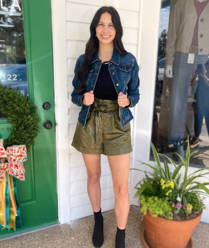 SHINY OLIVE HIGH WAISTED SELF TIE BELT SHORTS