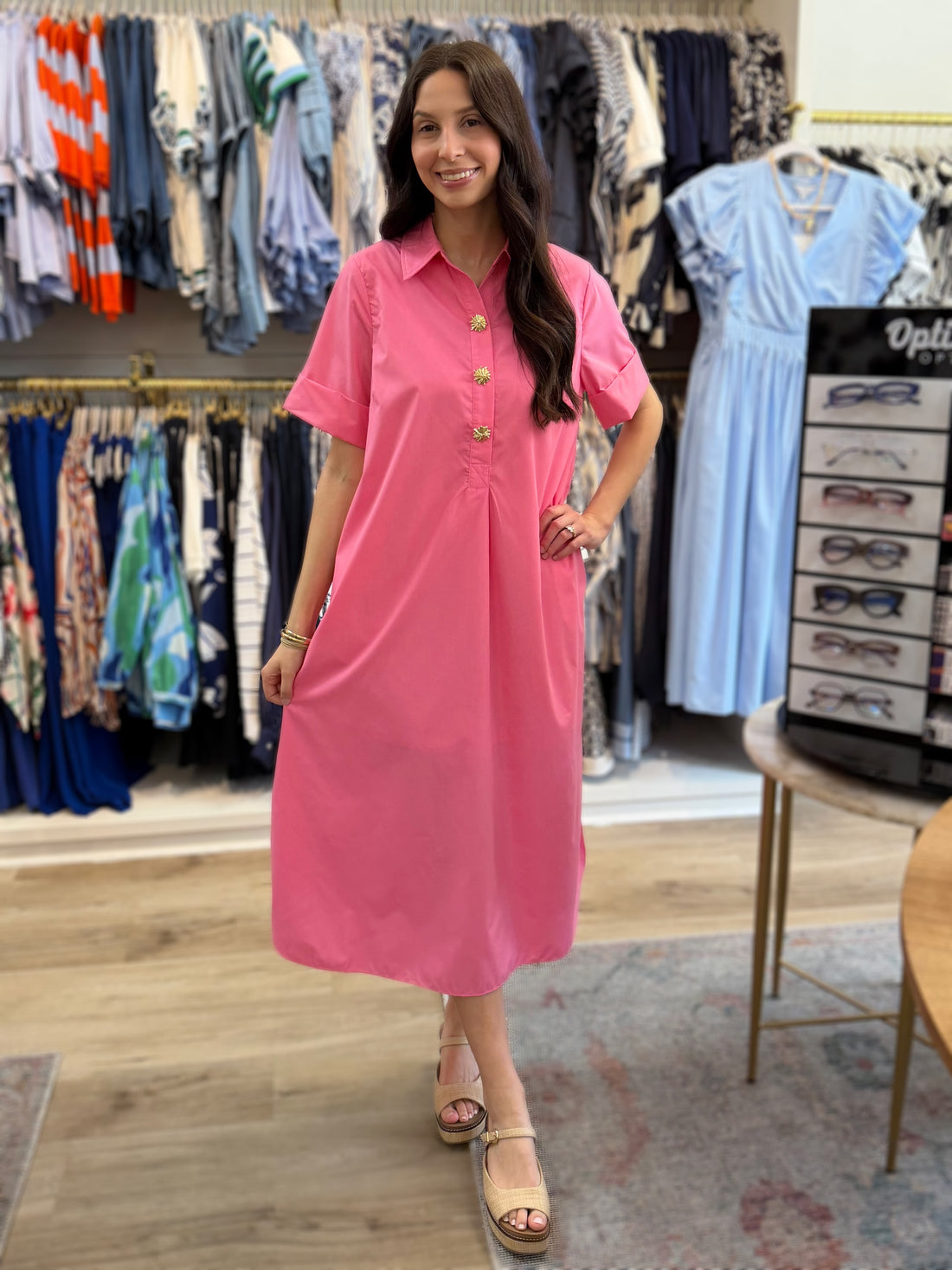 PINK COLLARED GOLD SNAP BUTTON MAXI DRESS