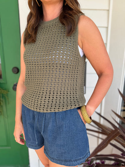 OLIVE CROCHET KNIT SLEEVELESS PULLOVER SWEATER