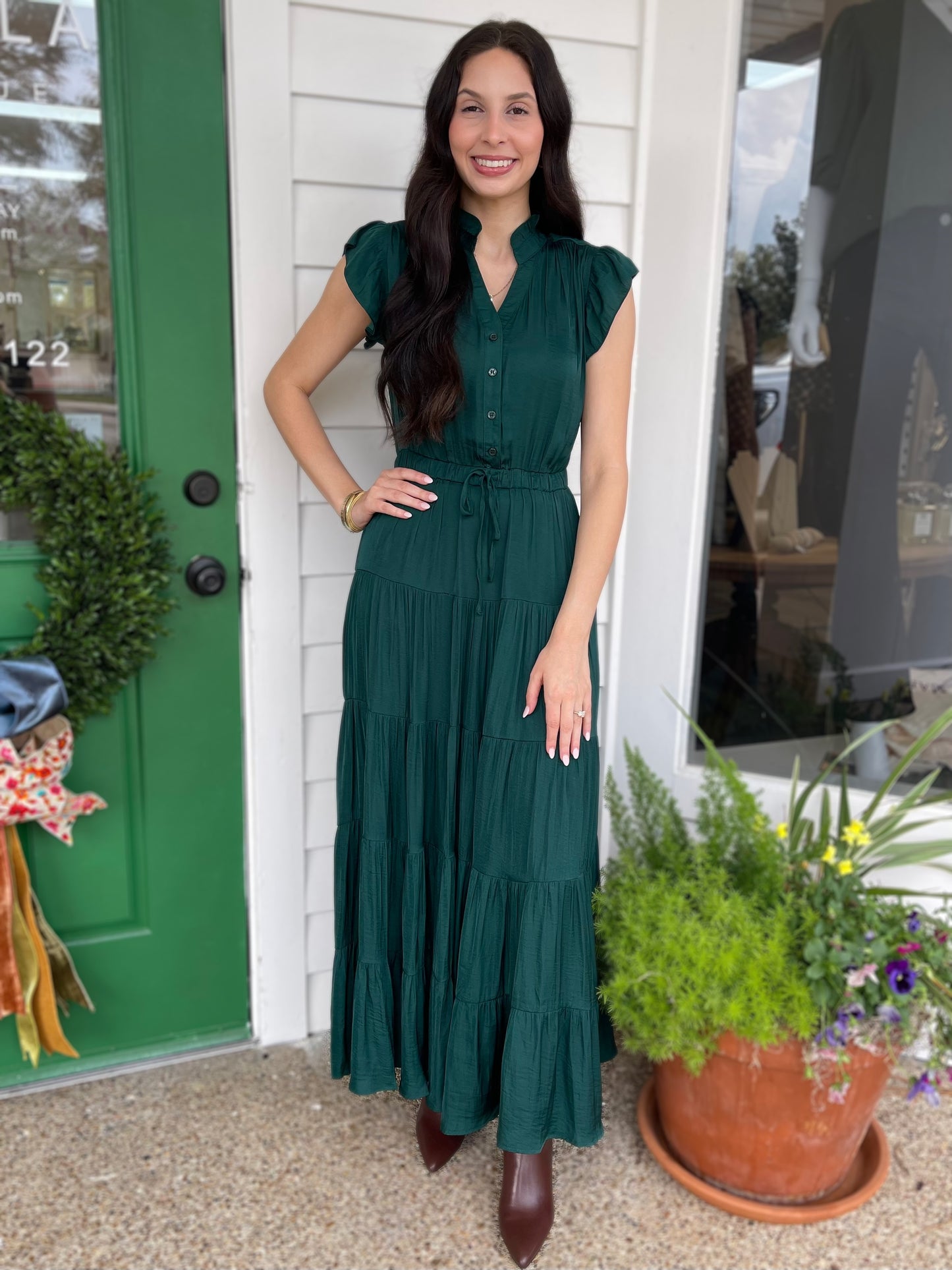 HUNTER GREEN SATIN TIERED MAXI DRESS