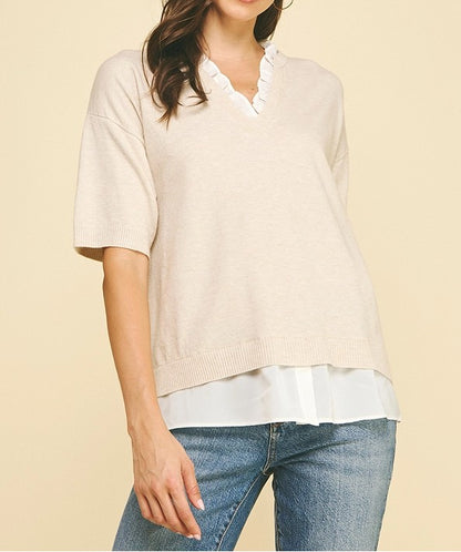 OATMEAL MIXED MEDIA LAYERED KNIT TOP