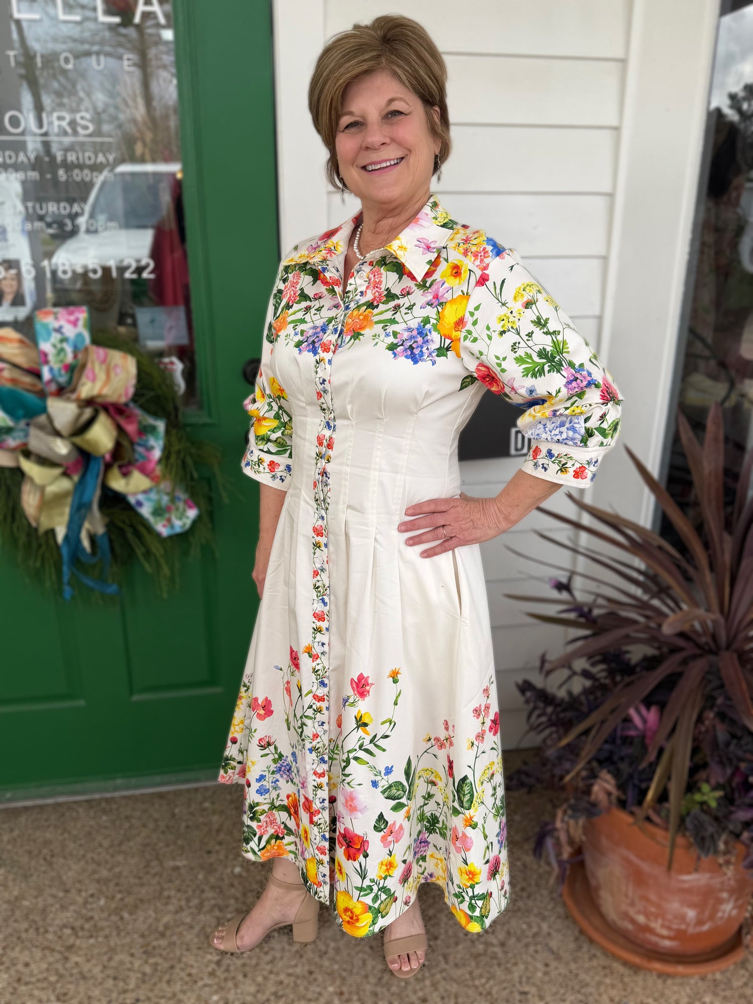 CREAM MULTI FLORAL PRINT 3/4 SLEEVE BUTTON DOWN MIDI DRESS