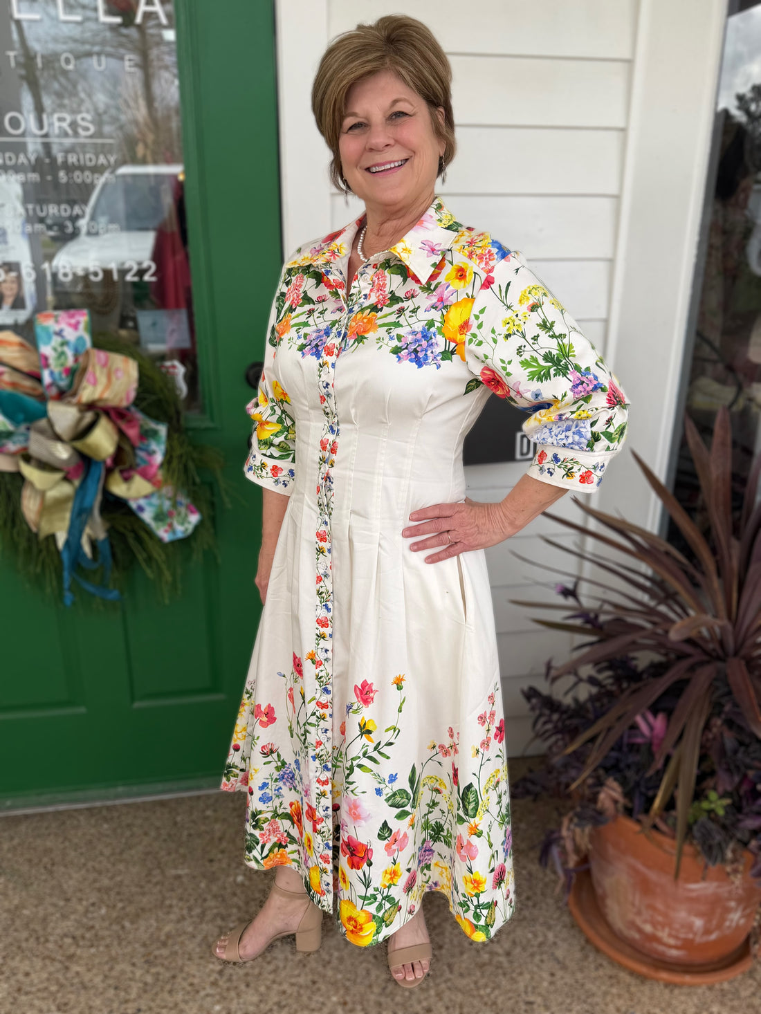 CREAM MULTI FLORAL PRINT 3/4 SLEEVE BUTTON DOWN MIDI DRESS