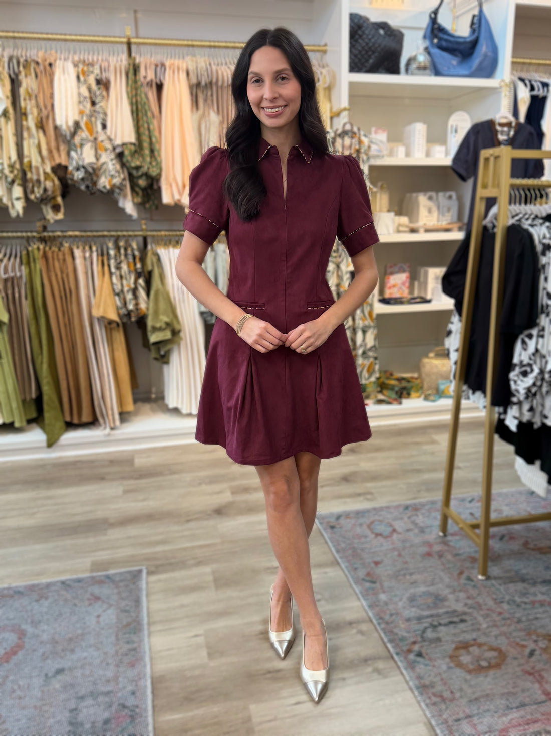 PLUM SUEDE LEOPARD PIPING PLEAT DETAIL SHORT PUFF SLEEVE MINI DRESS