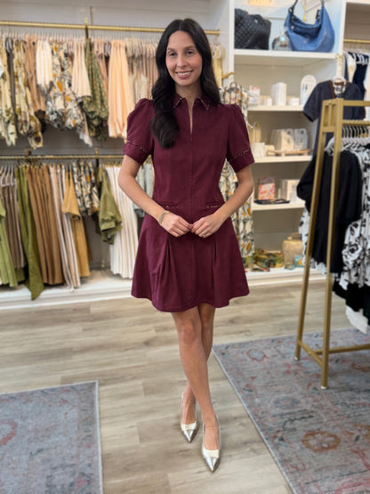 PLUM SUEDE LEOPARD PIPING PLEAT DETAIL SHORT PUFF SLEEVE MINI DRESS